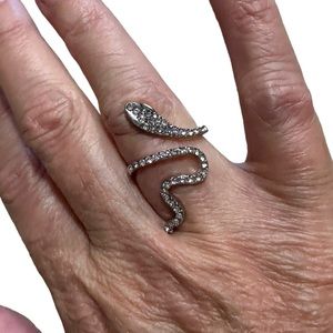 Silver Snake Adjustable Wrap Ring with Rhinestone Accents